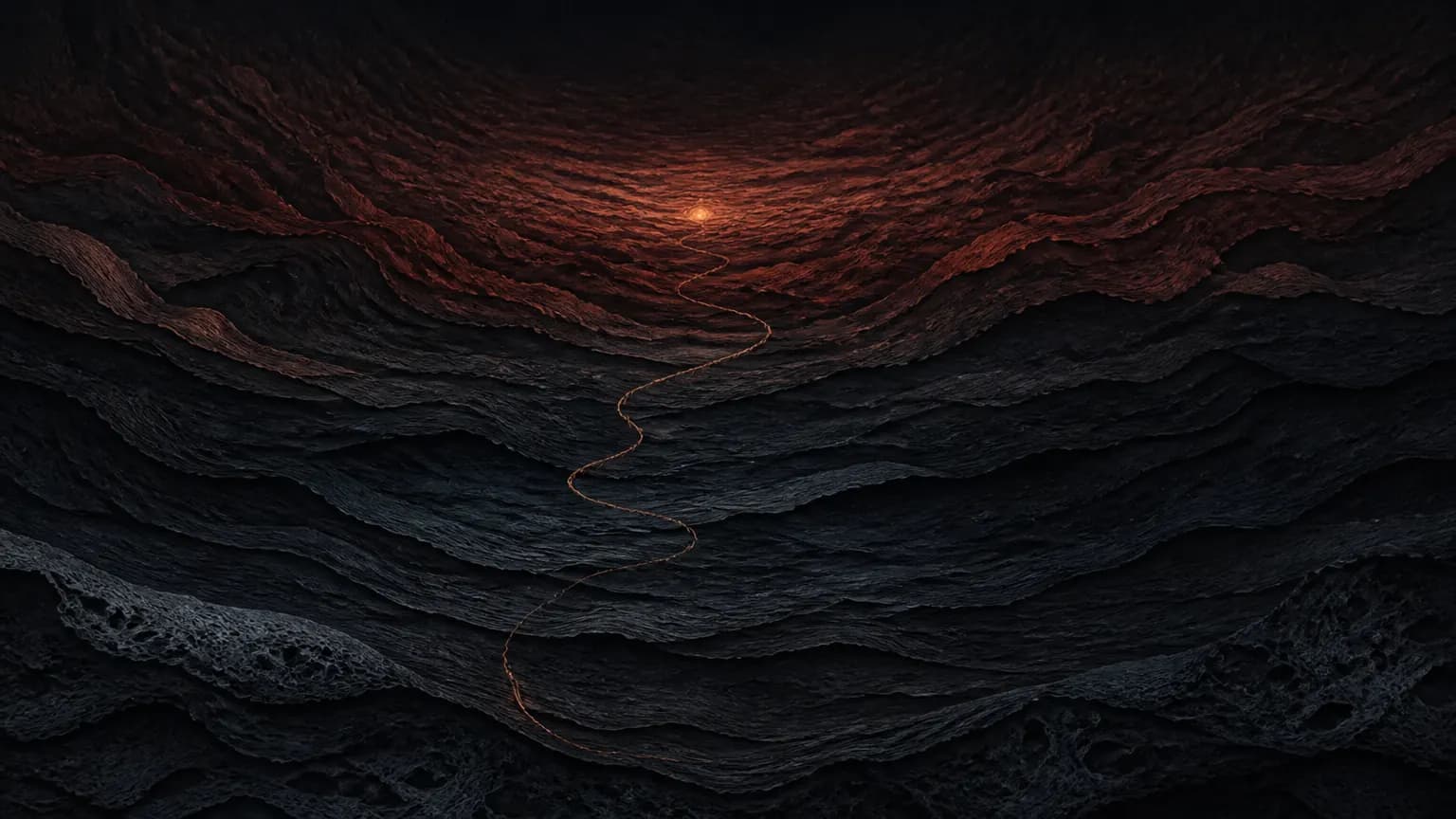A thin copper thread climbing stacked nocturnal strata toward a distant ember.