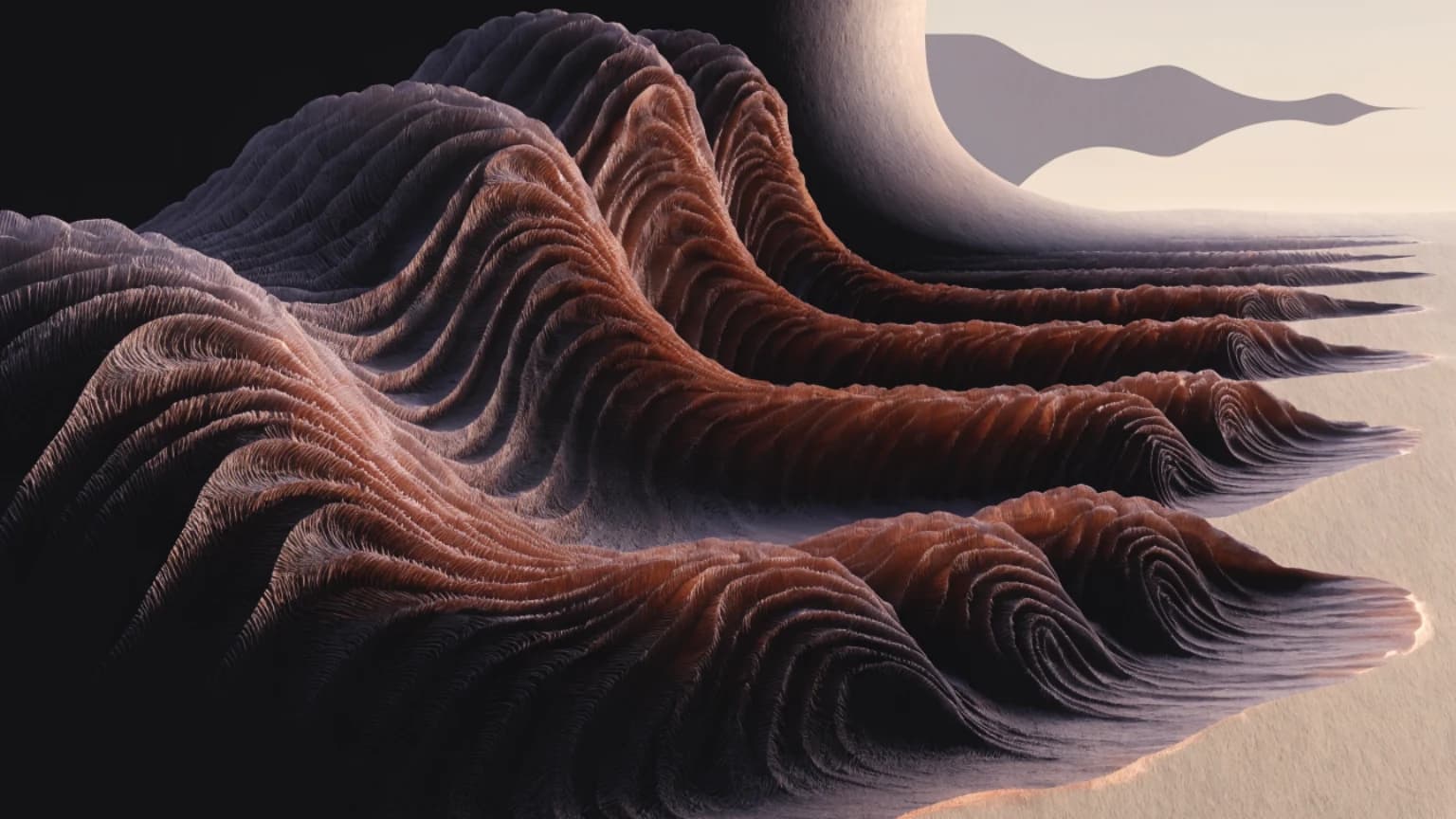 Repeated rust-colored folds thin as they cross from a black night field into a pale dawn opening.