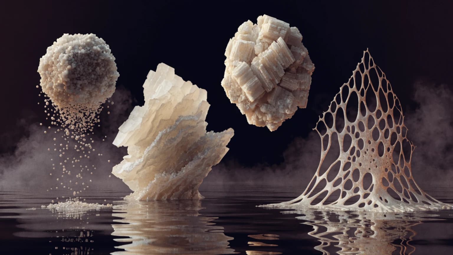 Four pale mineral forms with different textures dissolve and reflect across a dark nocturnal surface.
