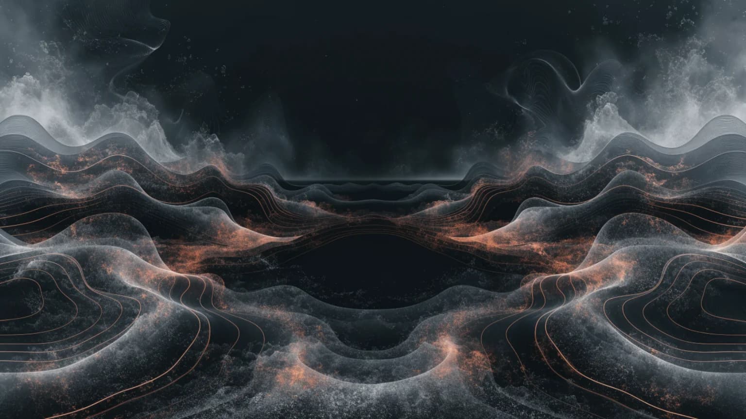 Copper-edged acoustic currents settling toward a dark central horizon.