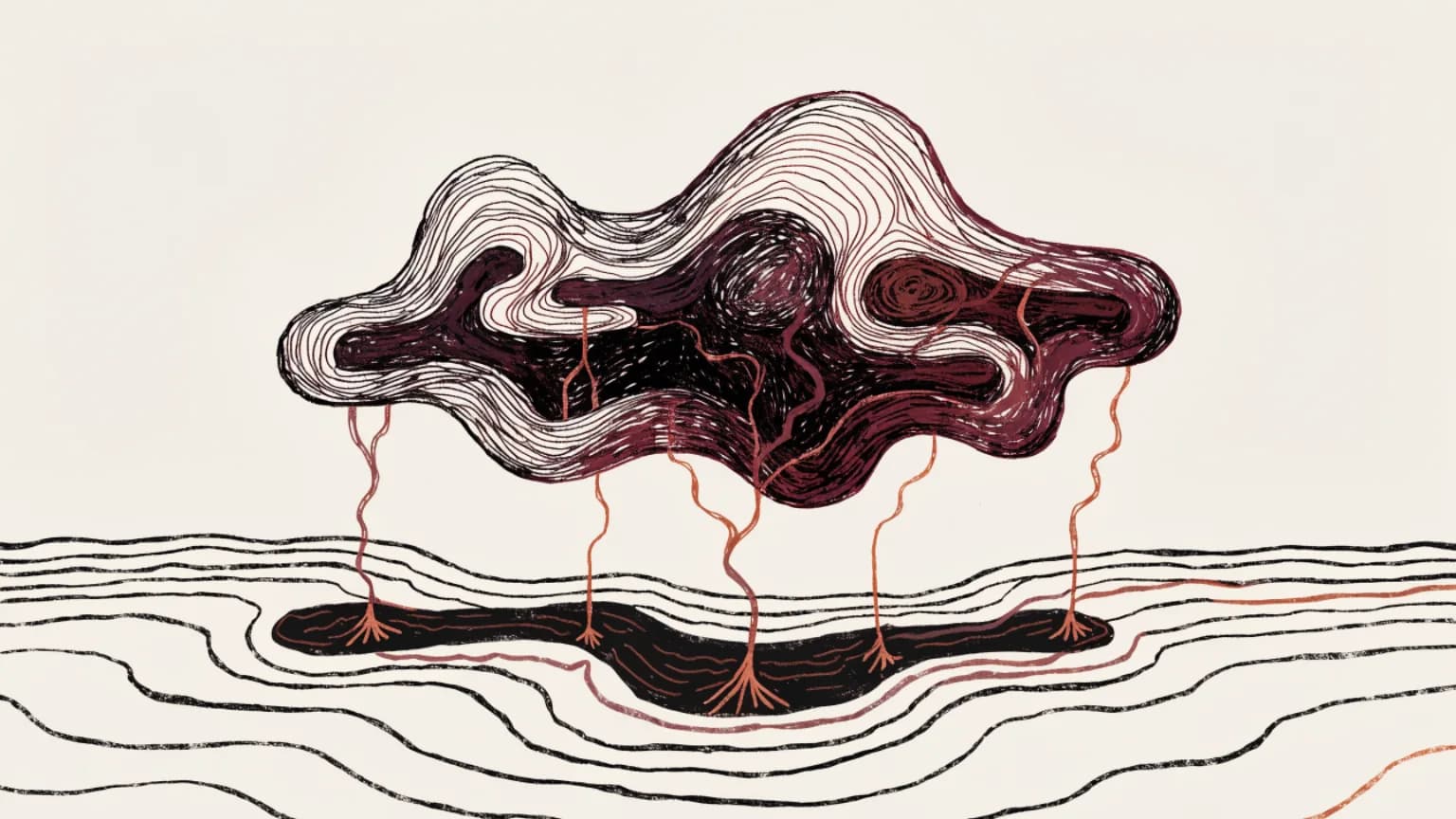 A floating conductive form making uneven contact with layered earth lines.