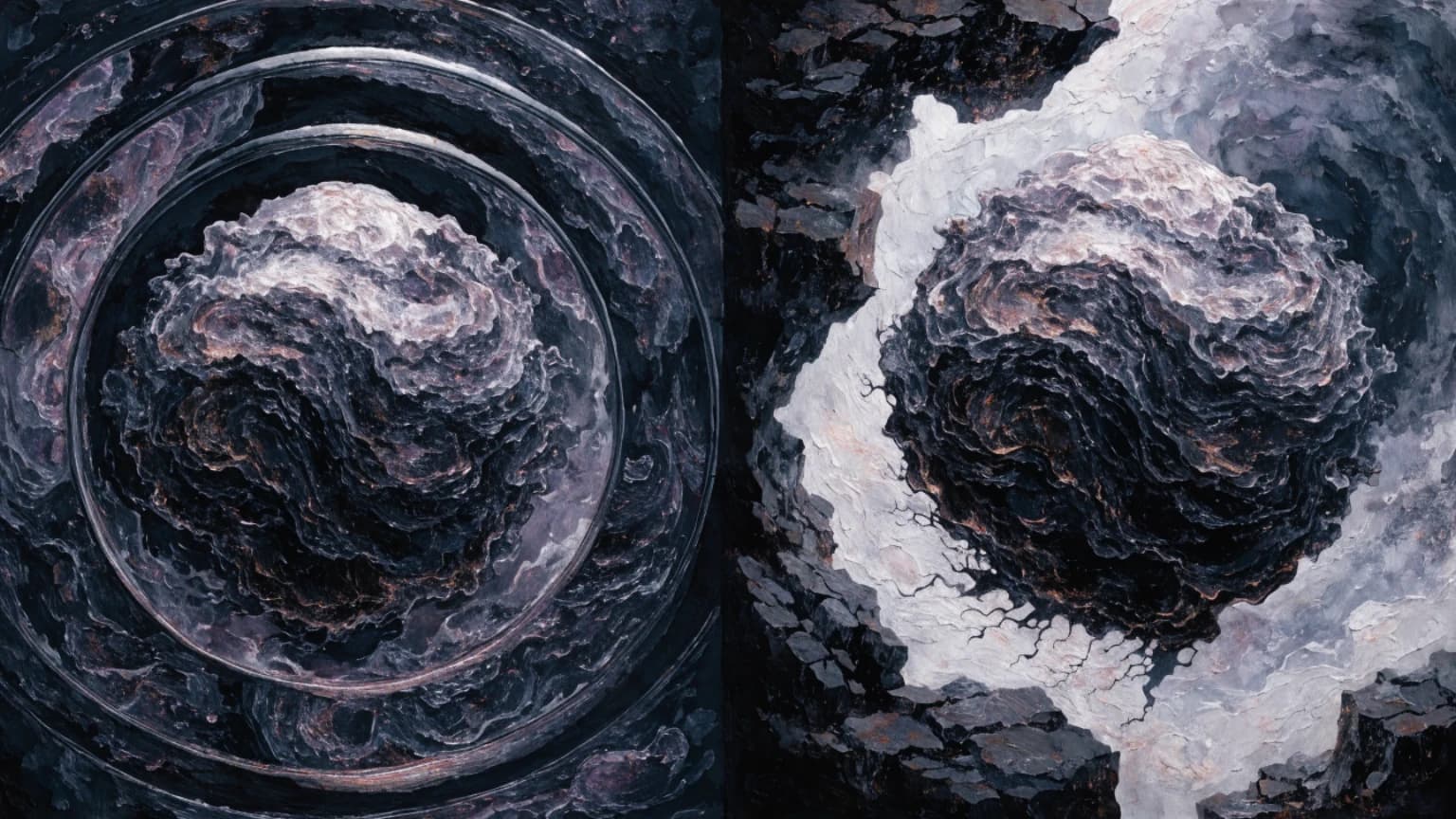 Two matching dark forms sit side by side, one enclosed by rings and one surrounded by a fractured pale edge.