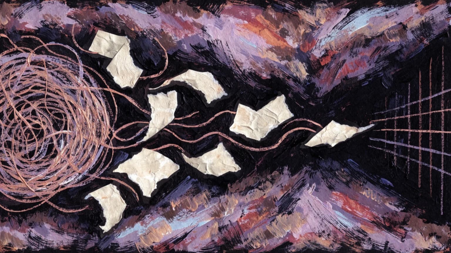 Tangled copper threads separate into blank paper scraps and converge on a quiet grid.
