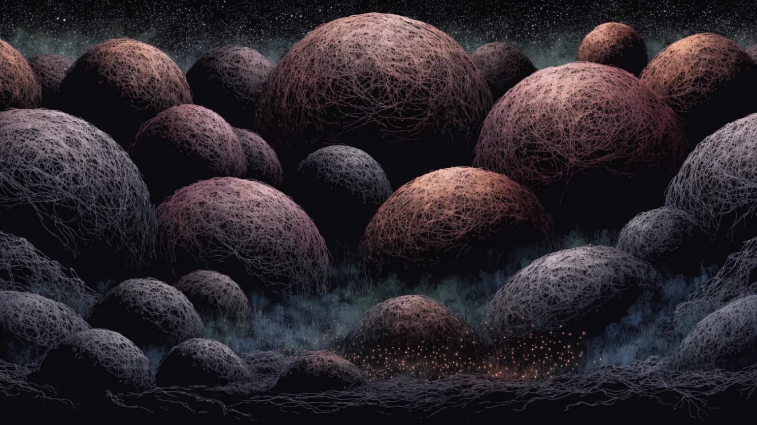 Varied earth-toned resting forms gathered in a cool nocturnal landscape.