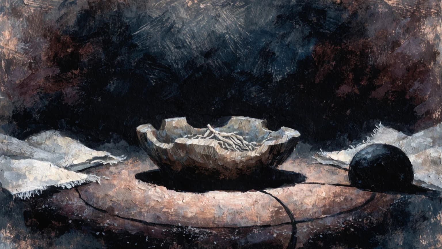 A rough wooden bowl of pale roots sits inside a dark circle beside folded cloth and an opaque black form.