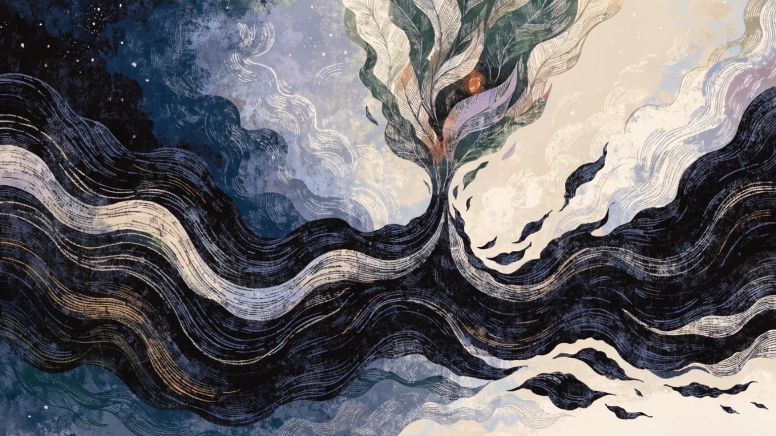 A green leaf-like form lifts a small copper ember above an interrupted black current leading into pale dawn.