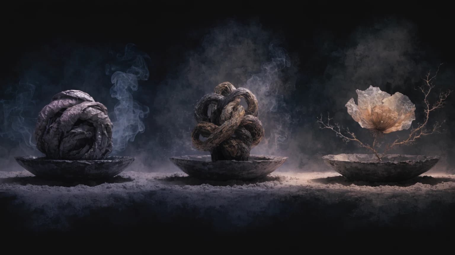 Three distinct botanical forms—a curled bundle, knotted root, and pale bloom—rest in separate shallow vessels.
