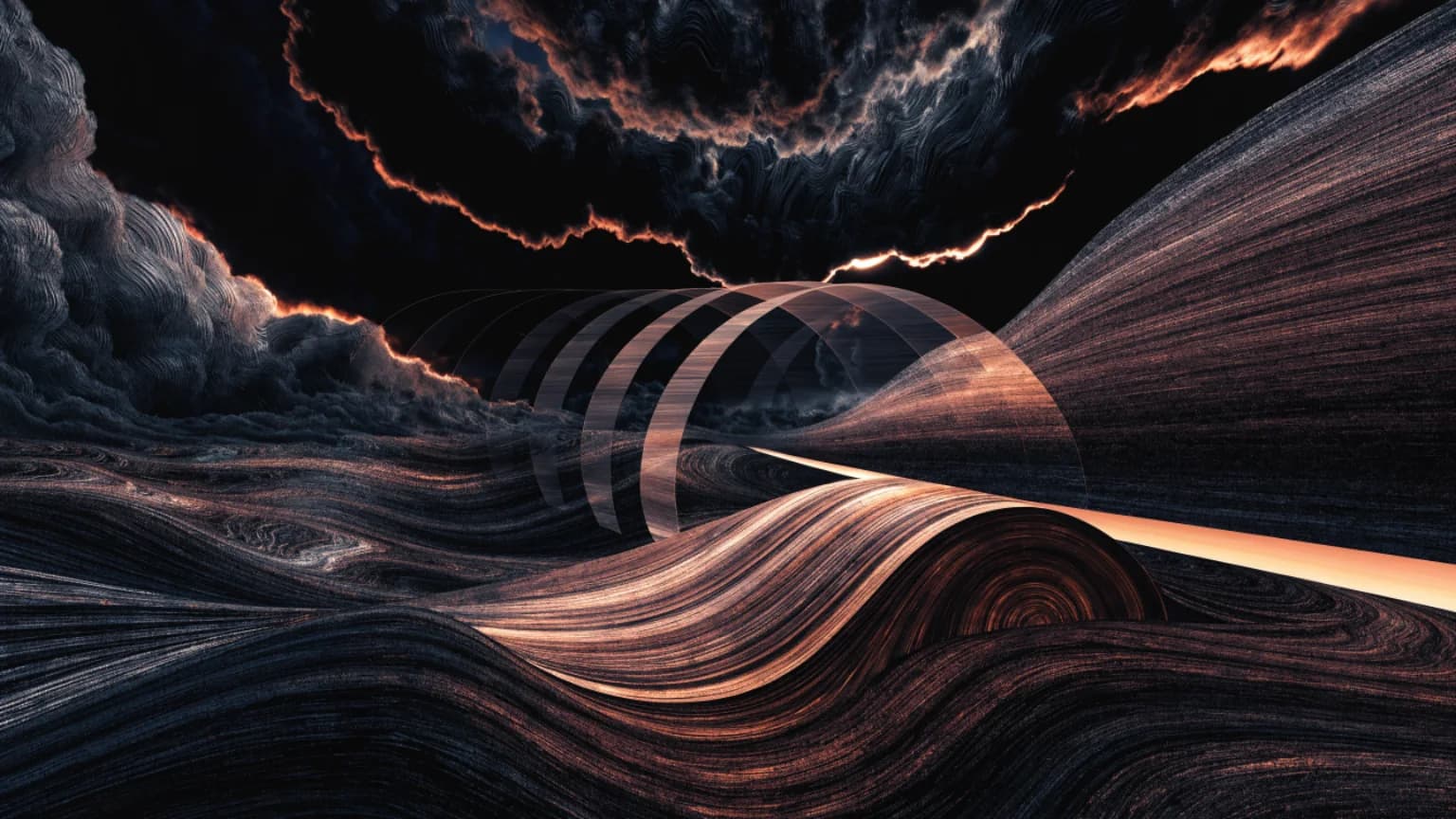 A restrained dawn band shifting layered nocturnal arcs toward warm light.