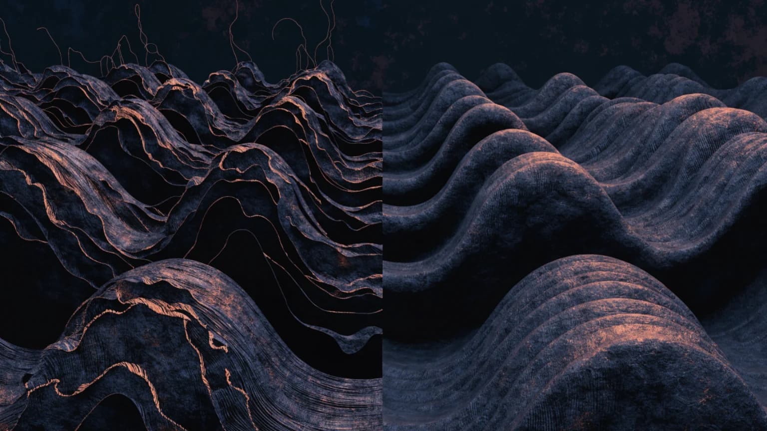 Layered nocturnal sound fields split by irregular copper disturbances.