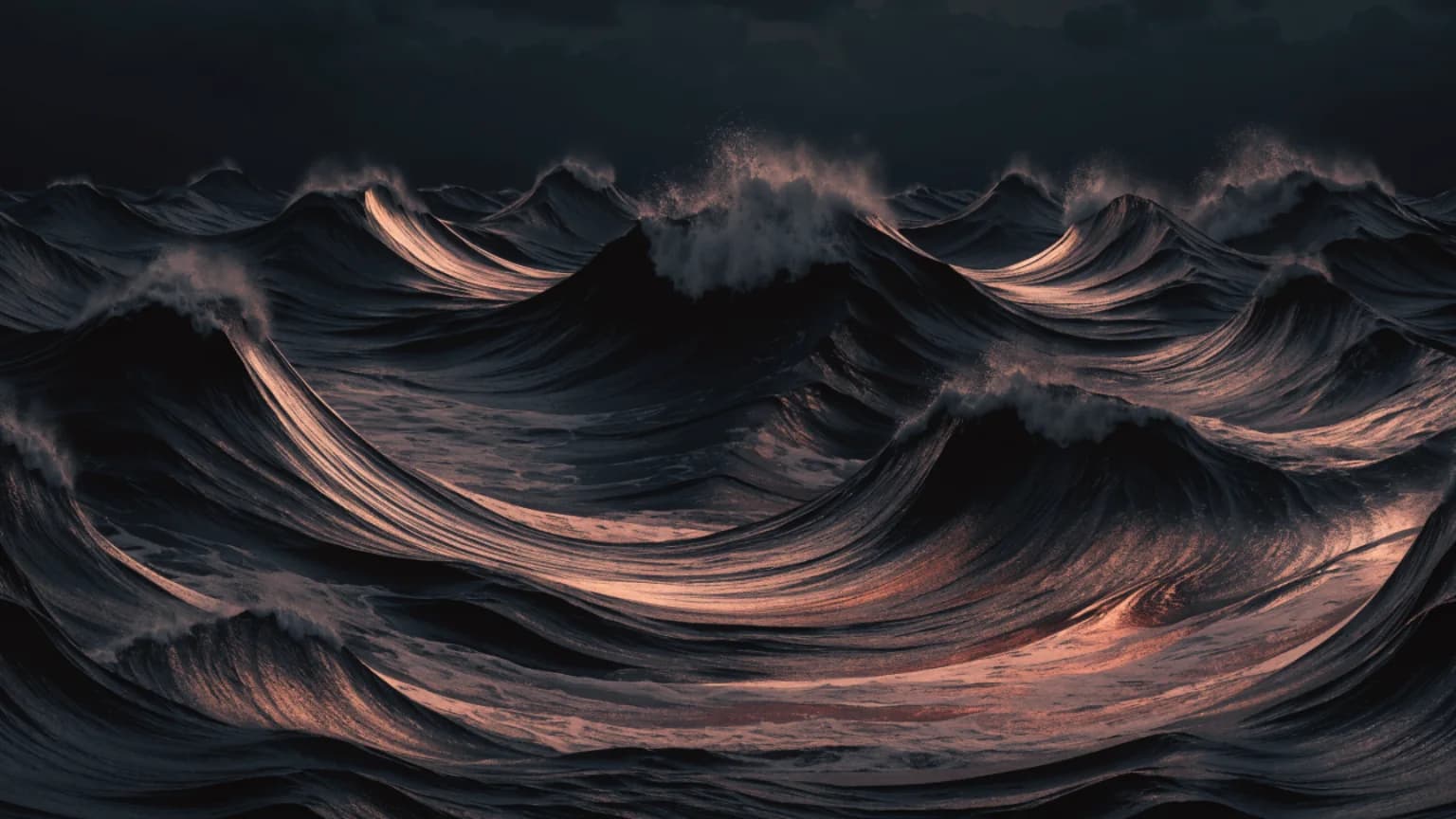 Long copper-black swells gathering and receding under a dark sky.