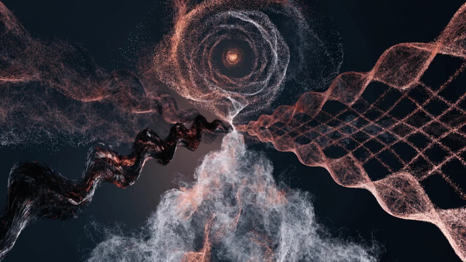 Quiet, granular, and repeating sound paths converging around a small ember.