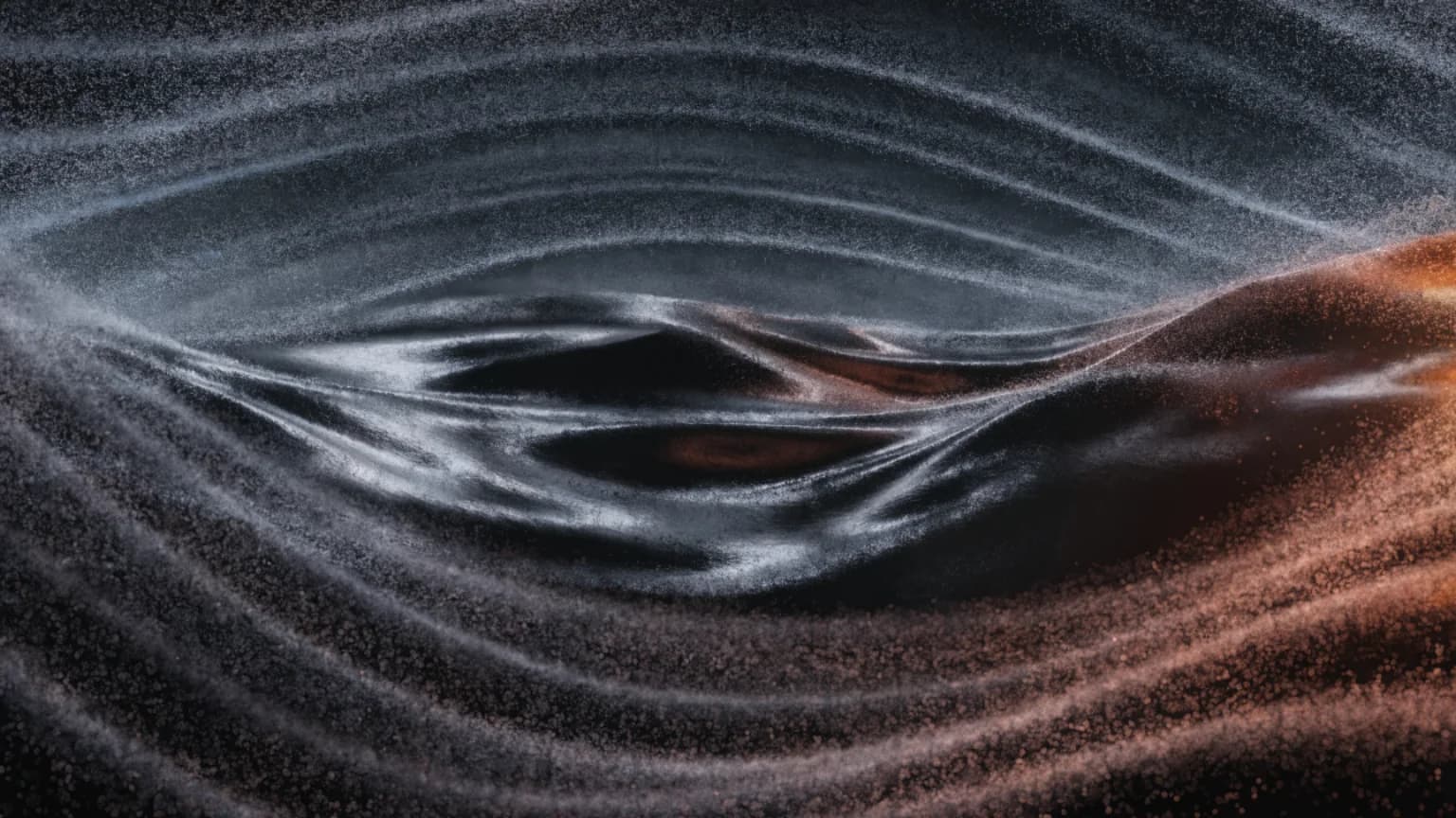 A dark road-like current passing through layered vibration and rocking arcs.