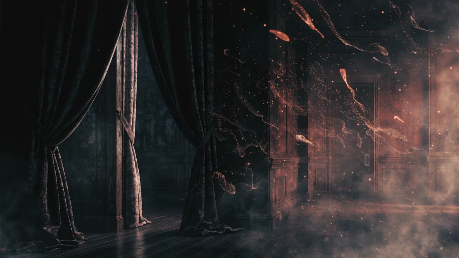 An unfamiliar dark room divided by a thin warm corridor glow.