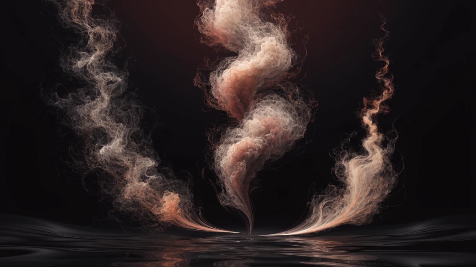 Three pale copper currents rise to different heights from the same dark nocturnal threshold.